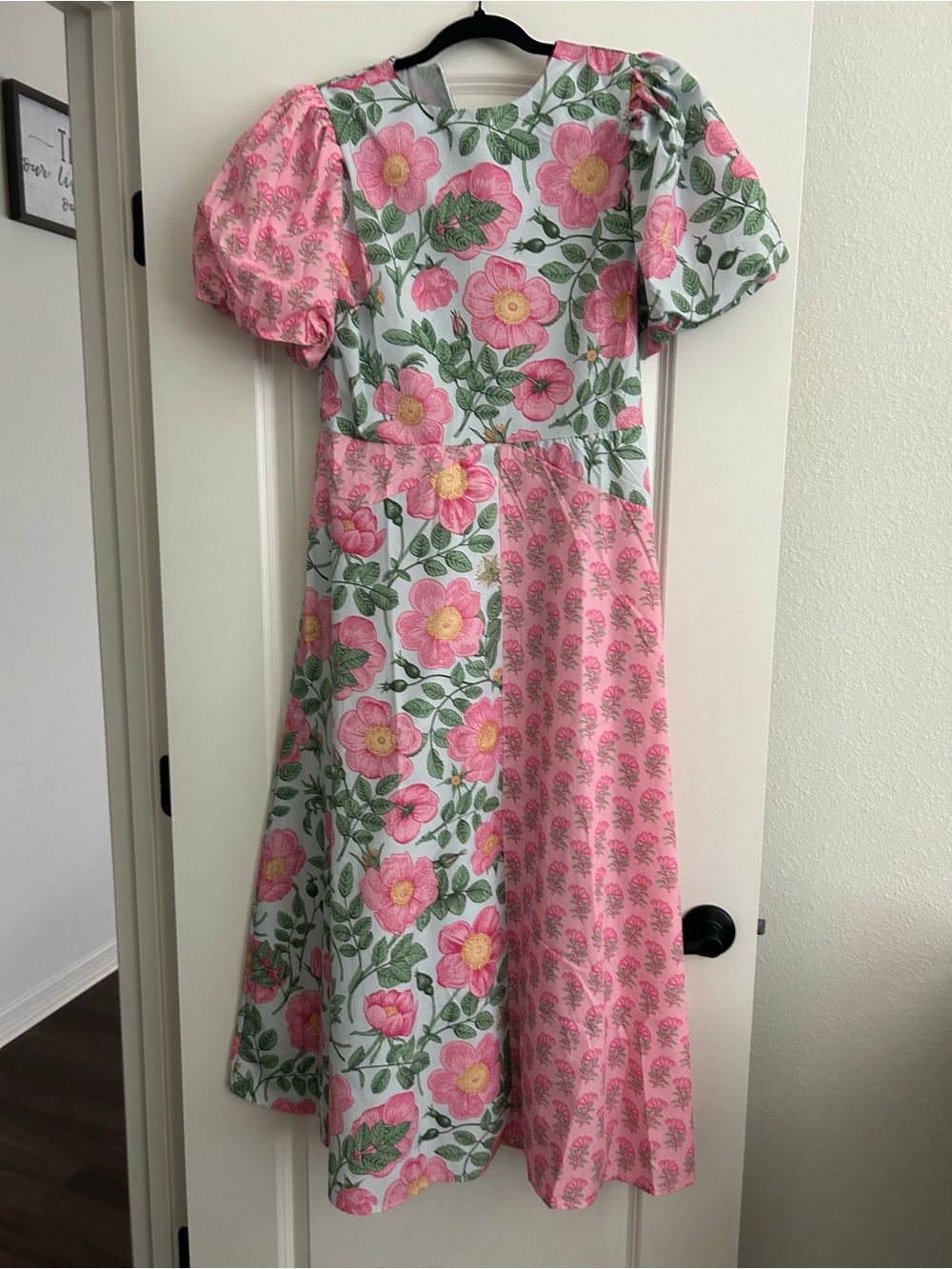 TCEC Pink & Green Floral Patchwork Puff Sleeve Dress